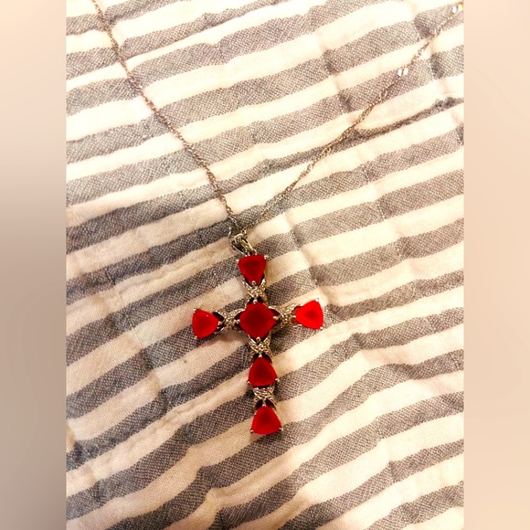Beautiful Authentic Natural Ruby & Silver Cross Pendant Necklace - Picture 3 of 7